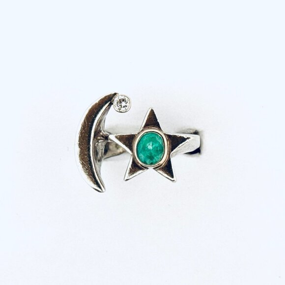 Sterling Silver Moon & Star Ring w/ Emerald & CZ Unique Celestial Statement - Picture 1 of 10